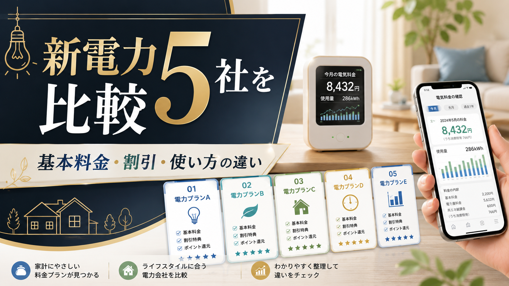 新電力5社を比較|基本料金・割引・使い方の違いをわかりやすく解説