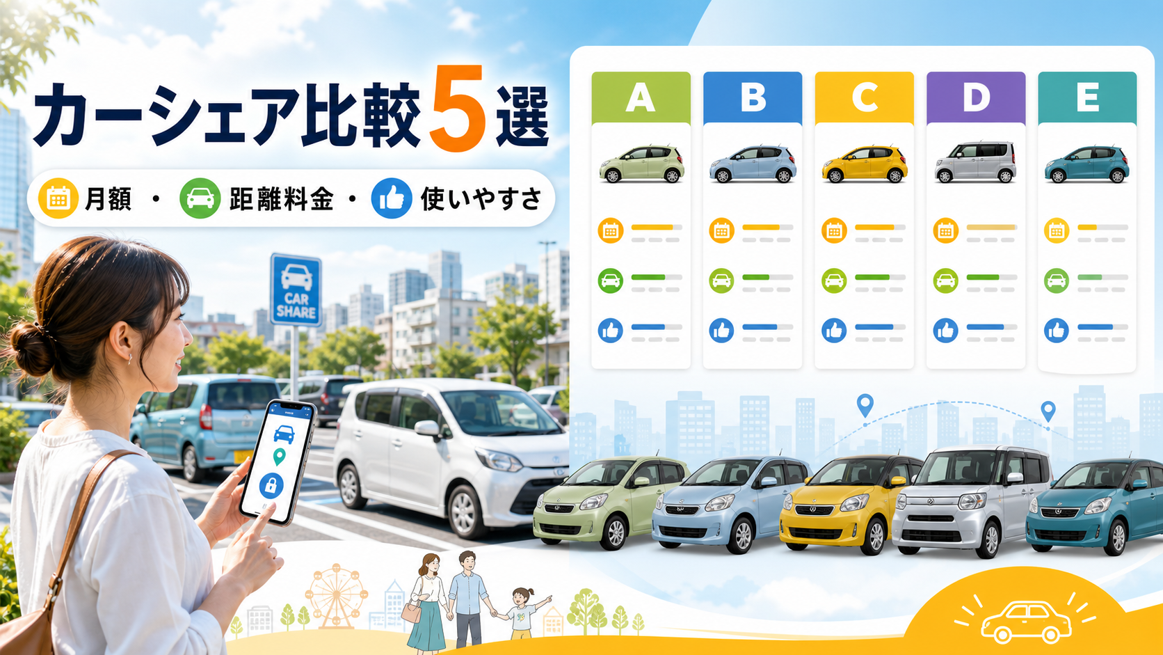 カーシェアサービス5選｜月額無料プラン・距離料金・使いやすさで比較