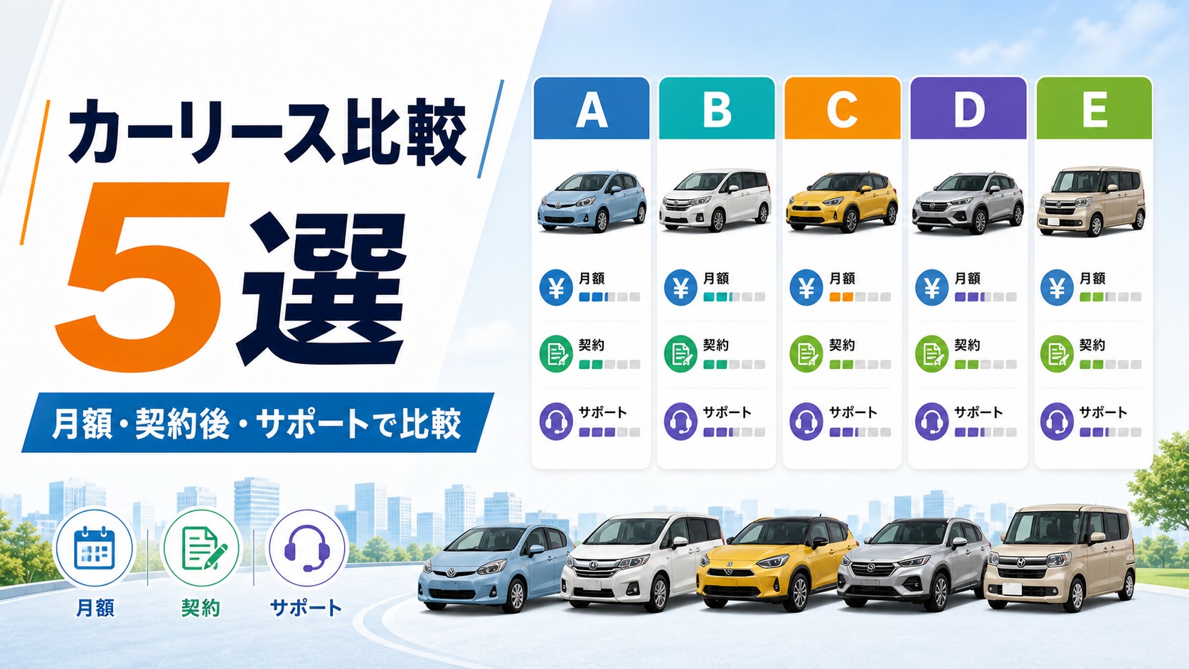 カーリースサービス5選|月額定額・もらえるプラン・サポートで比較
